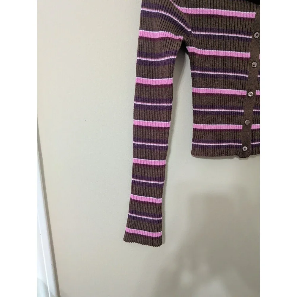 Y2K Brown & Pink Striped Ribbed Knit Polo Cardigan Crop Top